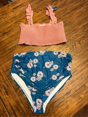 Pink Ruffled Smocked Bikini Top with Blue Floral High-Waist Bottoms